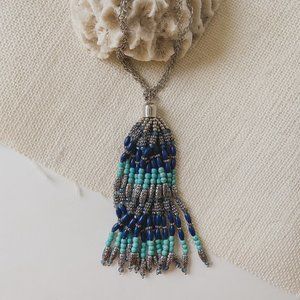 Boho Turquoise Blue Crystal Silver Beaded Large Tassel Statement Chain Necklace